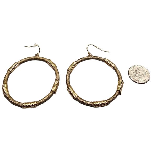 Pierced Earrings Artisan Hoop Mixed Material Beige Textile Cord Gold Tone Metal - Picture 4 of 6